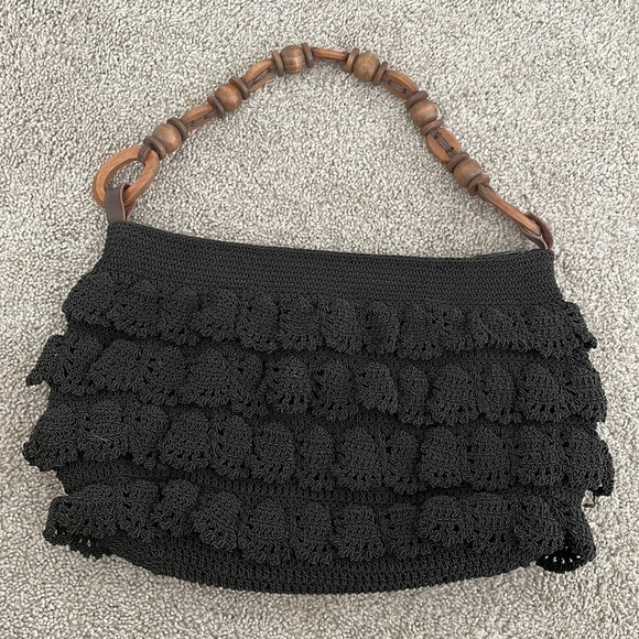 Cappelli Straworld Handbags - Cappelli Black Tiered Ruffled Crocheted Handbag